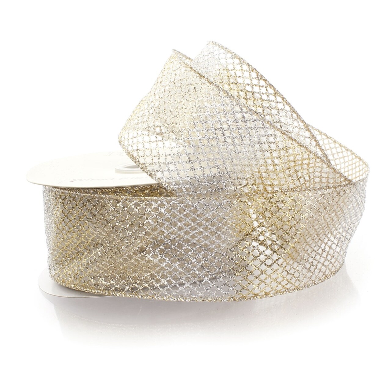 2 1/2" Wired Ribbon Sheer Ombre Glitter Diamond Mesh - Gold - 10 Yards